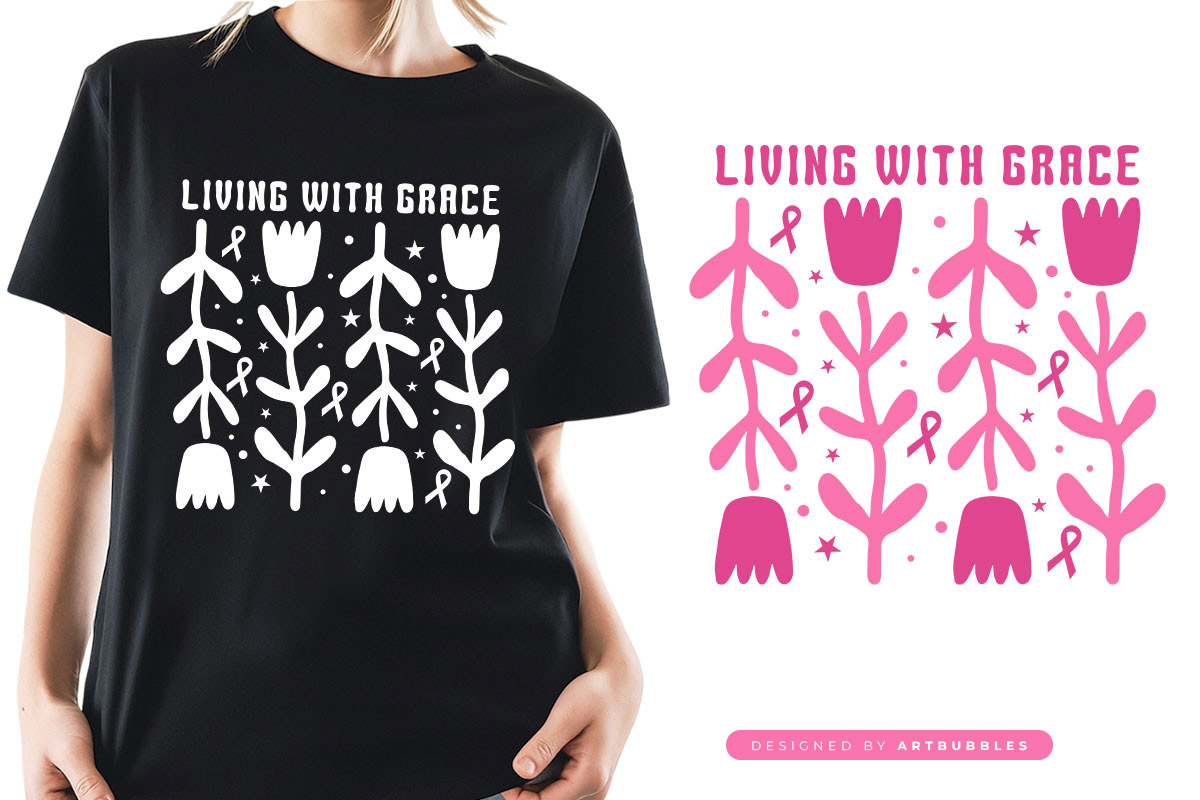 Living with Grace - Retro Breast Cancer SVG PNG Shirt Mockup Image.jpg