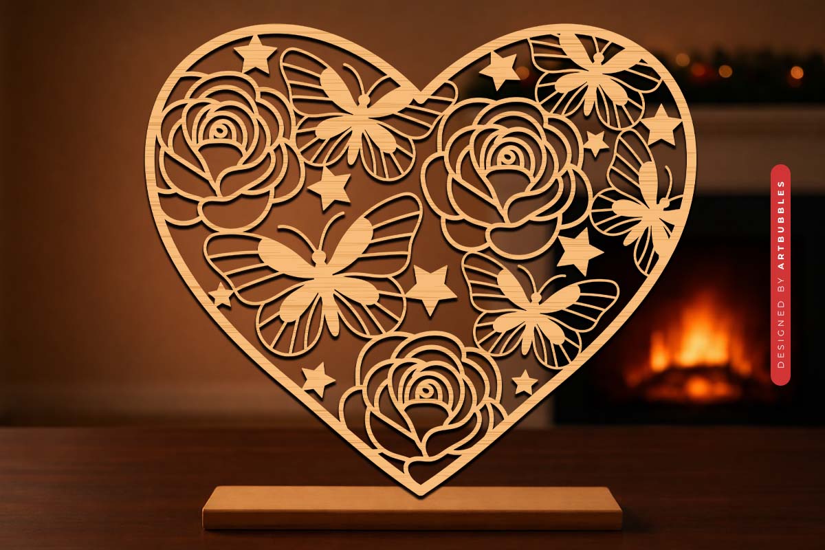 Laser Cut Valentine Rose Butterfly Heart SVG