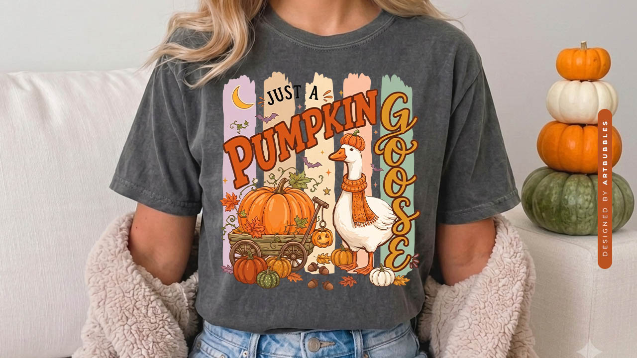 Just a Pumpkin Goose - Striped Fall Sublimation PNG Tshirt Mockup Image.jpg