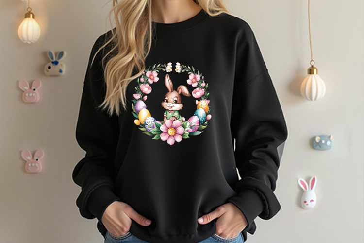 Cute Easter Bunny Floral Wreath PNG Clipart Black Sweatshirt Mockup Image.jpg