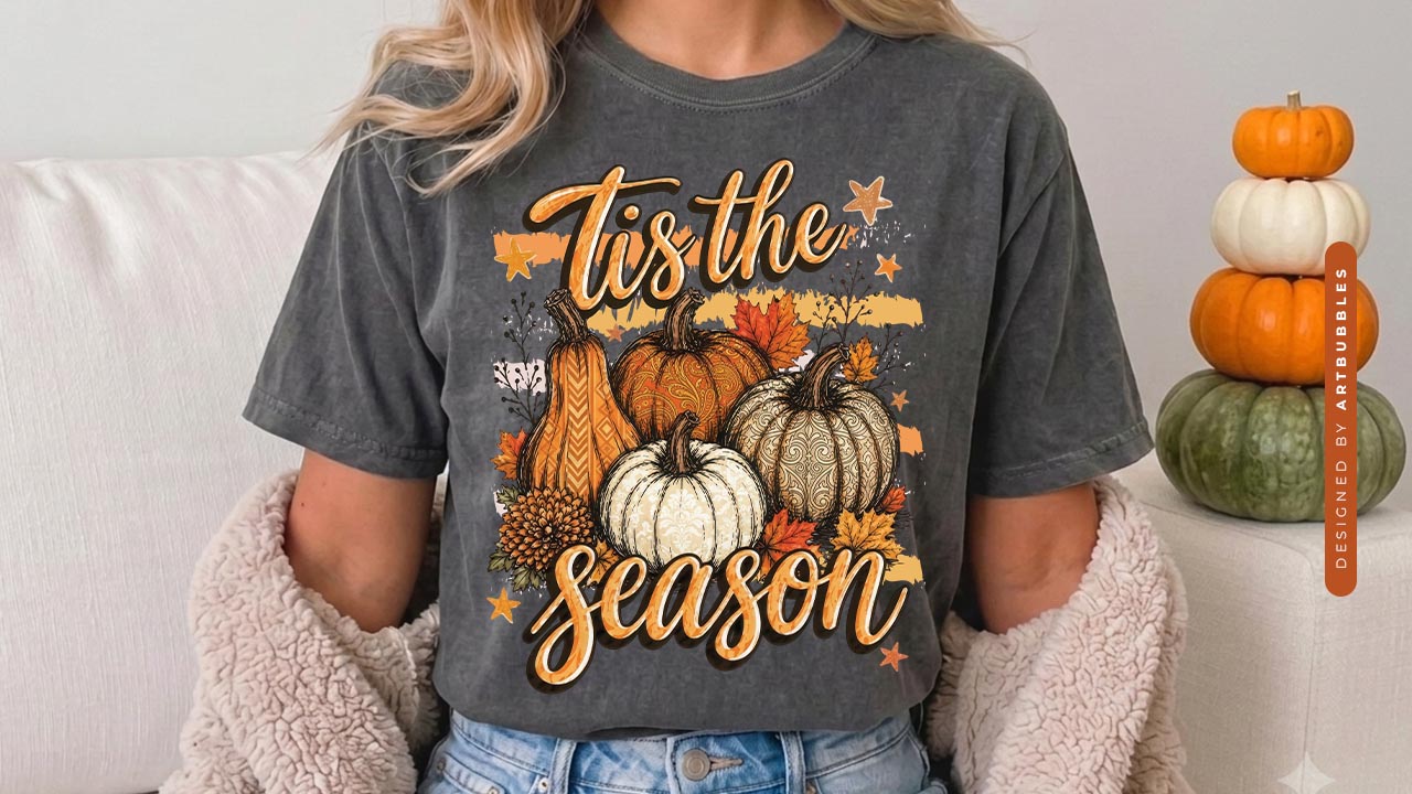 Tis the Season - Stripe Fall Pumpkin Sublimation PNG Shirt Mockup Image.jpg