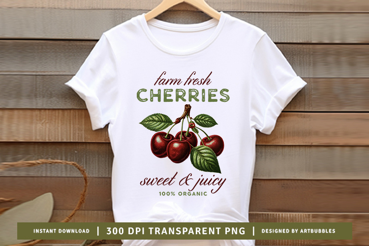 Farm Fresh Cherries - Vintage Fruit Sublimation PNG Shirt Mockup Image.jpg
