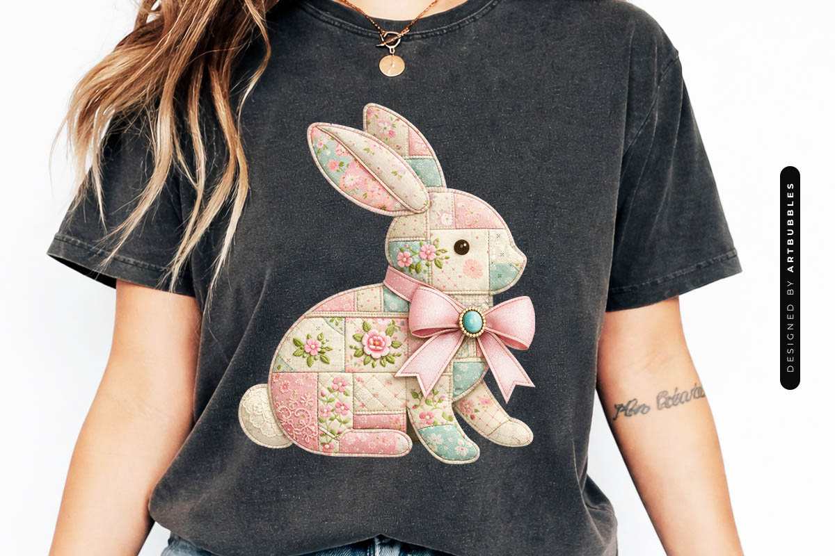 Floral Patchwork Easter Bunny Sublimation PNG Tshirt Mockup Image.jpg