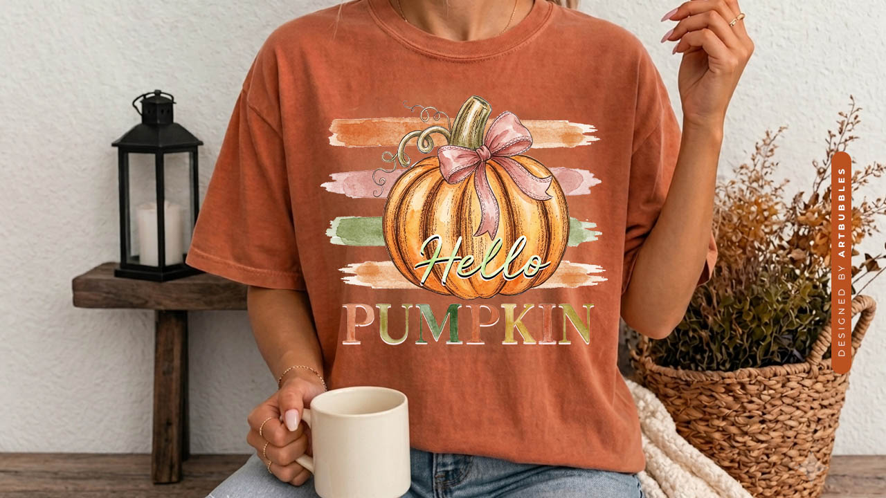 Hello Pumpkin - Stripe Fall Sublimation PNG T-shirt Mockup Image.jpg