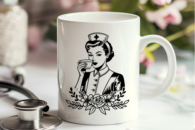 Cute Medical Nurse with a Cup of Coffee & Flower Clipart Mug Mockup Image.jpg