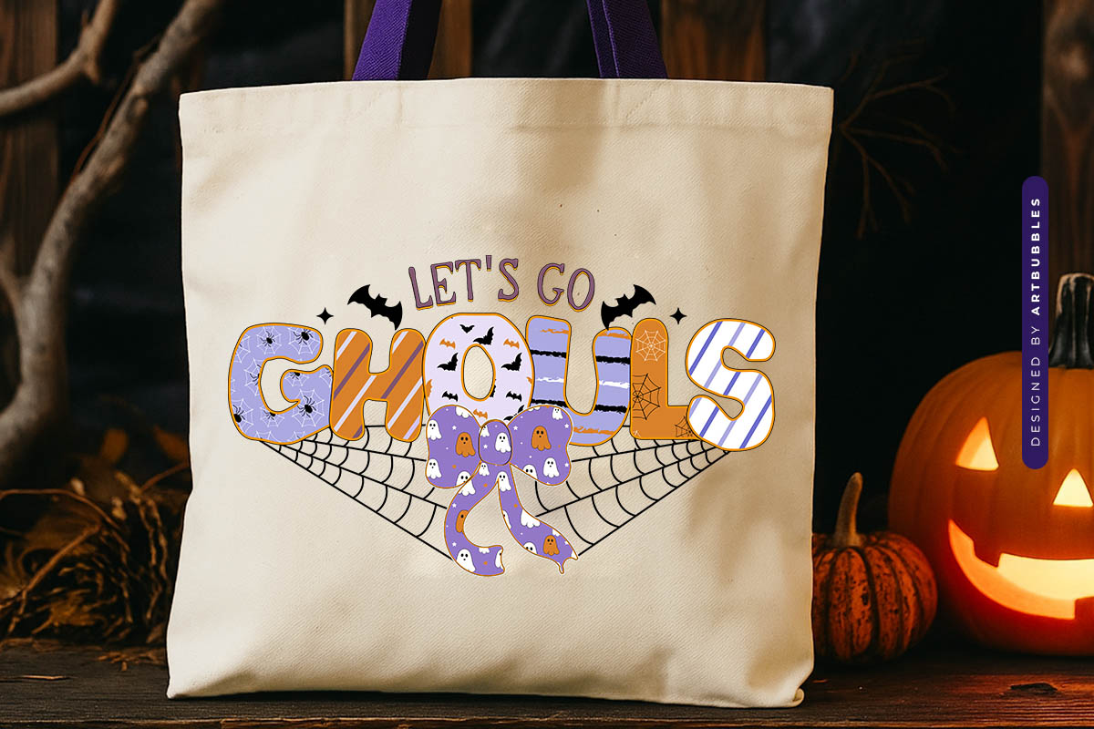 Let's Go Ghouls - Coquette Bow Halloween Sublimation Tote Bag Mockup Image.jpg