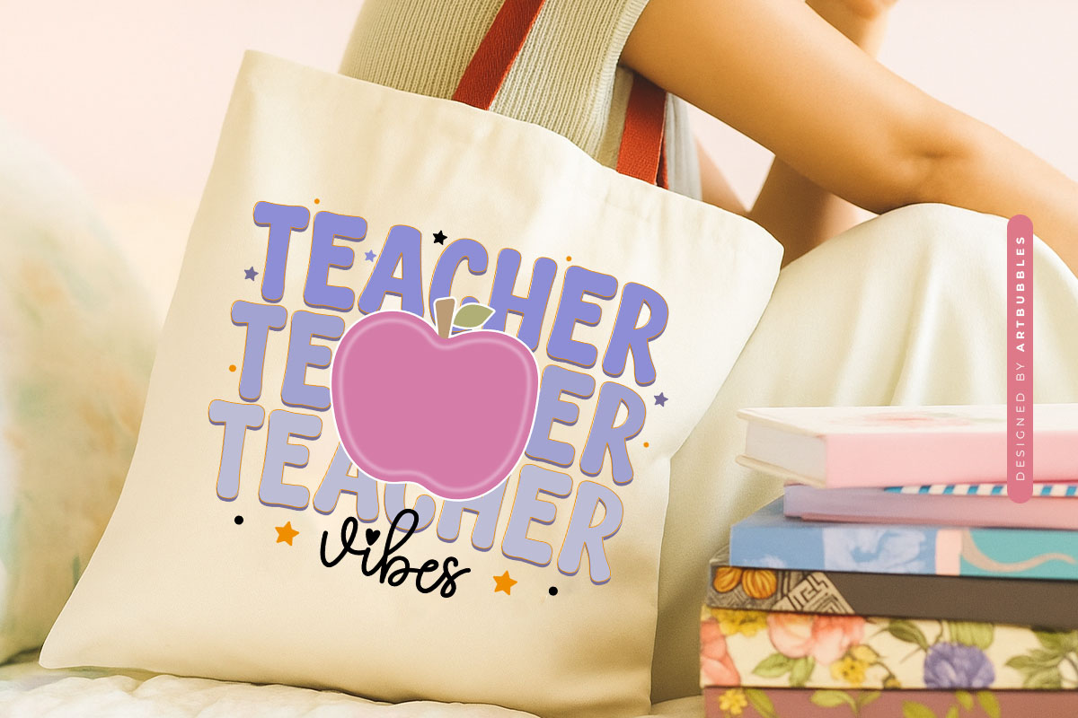 Retro Teacher Vibes Apple PNG Sublimation Tote bag Mockup Image.jpg
