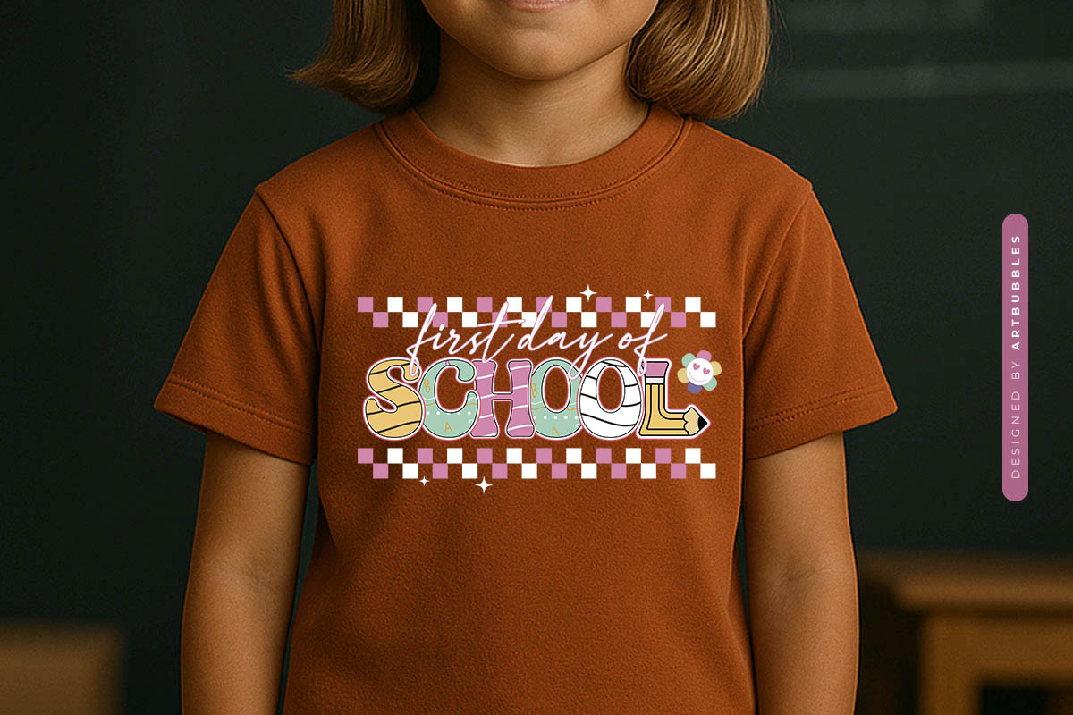 First Day of School - Retro Back to School Sublimation T-shirt Mockup Image.jpg