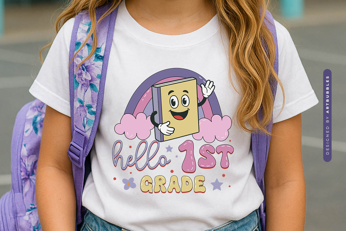 Hello 1st Grade - Retro Back to School PNG Sublimation Shirt Mockup Image.jpg