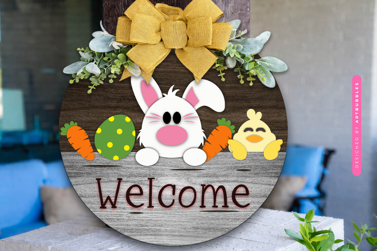 Round Easter Bunny Welcome Door Sign SVG