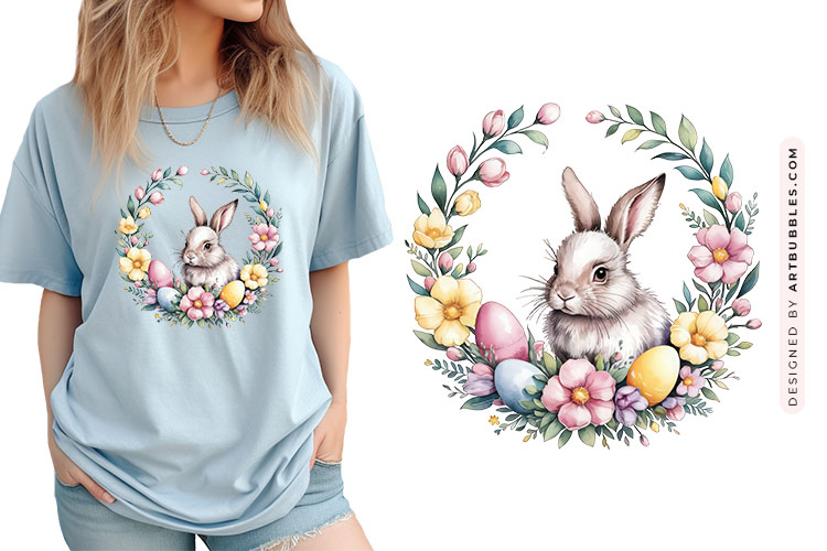 Happy Easter Bunny Floral Wreath Clipart