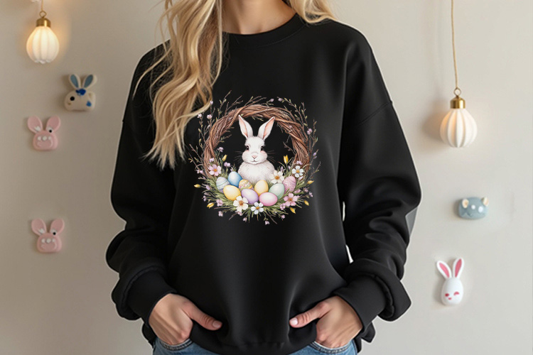 Easter Bunny and Eggs Wreath Clipart PNG Black Sweatshirt Mockup Image.jpg
