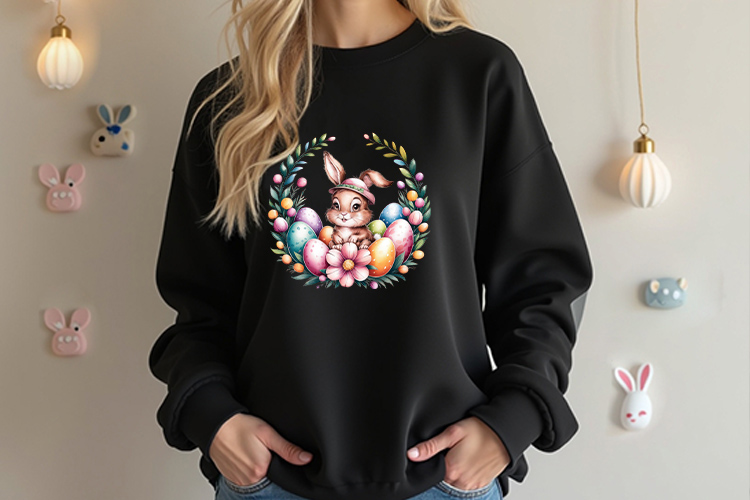 Funny Easter Bunny Floral Wreath Clip Art PNG Black Sweatshirt Mockup Image.jpg