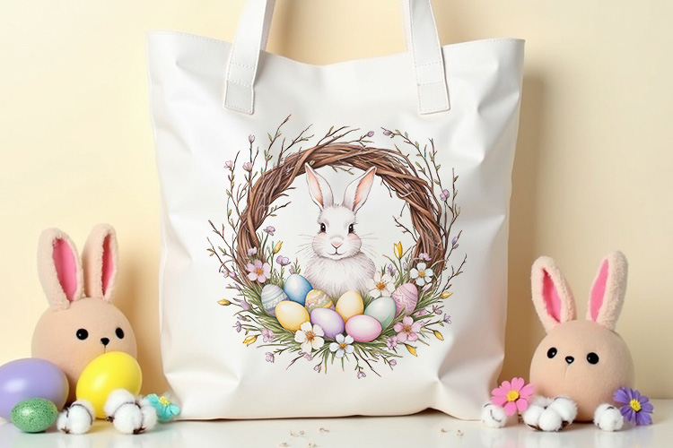Easter Bunny and Eggs Wreath Clipart PNG Tote Bag Mockup Image.jpg