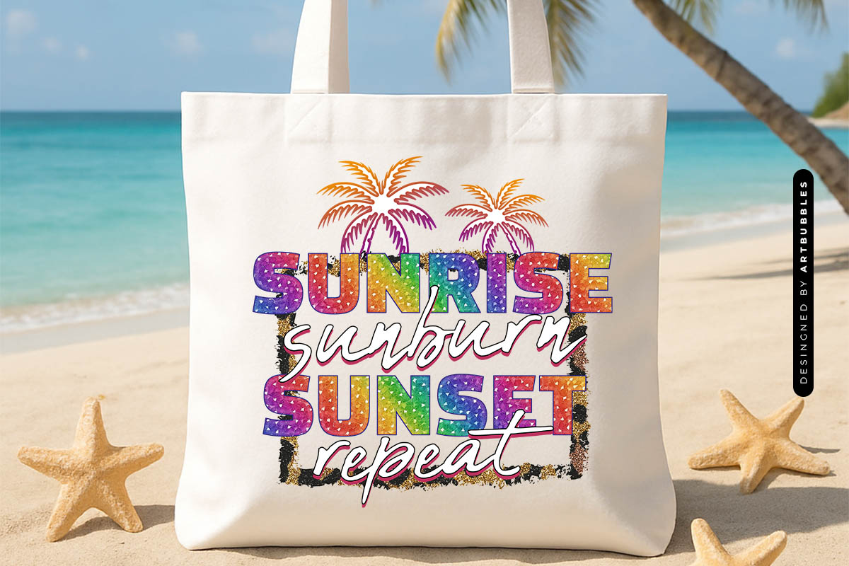 Sunrise Sunburn Sunset Repeat - Funny Summer Sublimation Tote Bag Mockup Image.jpg