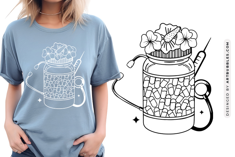 Elegant Floral Pill Jar with Stethoscope & Syringe Clipart
