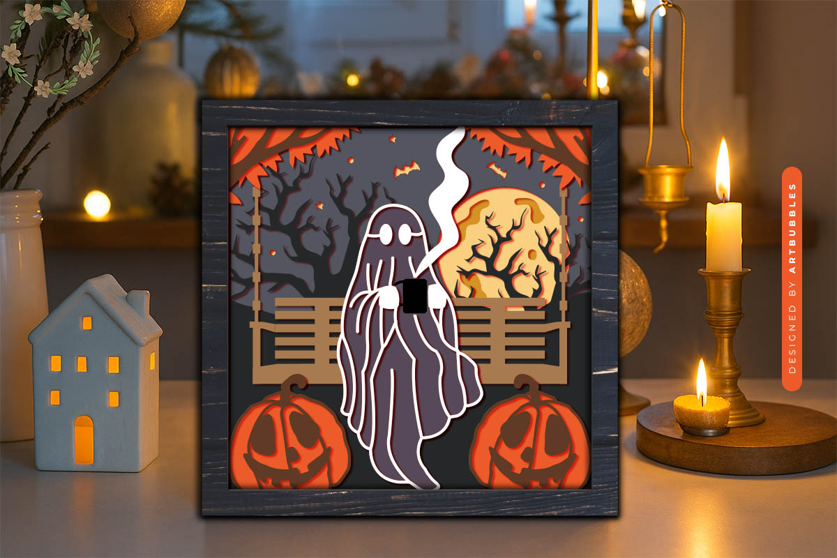Chilling Ghost Halloween 3D Shadow Box SVG