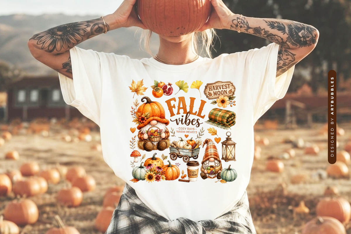 Gnome Fall Vibes PNG Sublimation Design Shirt Mockup Image.jpg