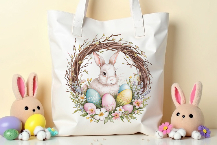 Vibrant Easter Bunny Wreath Sublimation Clipart Tote Bag Mockup Image.jpg