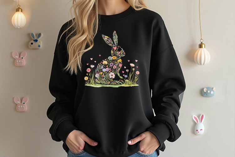 Cute Easter Floral Bunny Clipart Png Black Sweatshirt Mockup Image.jpg