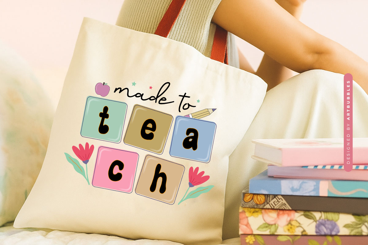 Made to Teach - Retro Teacher Gift Sublimation Tote Bag Mockup Image.jpg