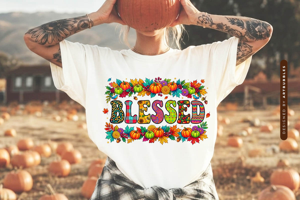 Blessed Fall Pumpkin Leaves Sublimation PNG Shirt Mockup Image.jpg
