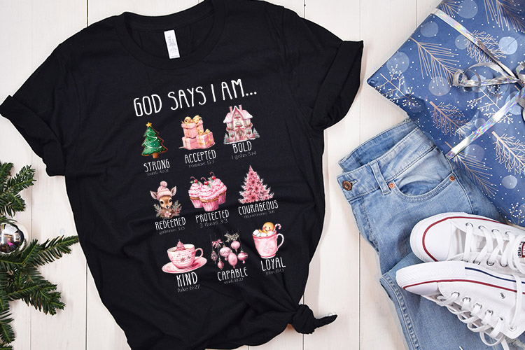 God Says I Am Strong - Pink Christmas PNG Sublimation Shirt Mockup Image.jpg