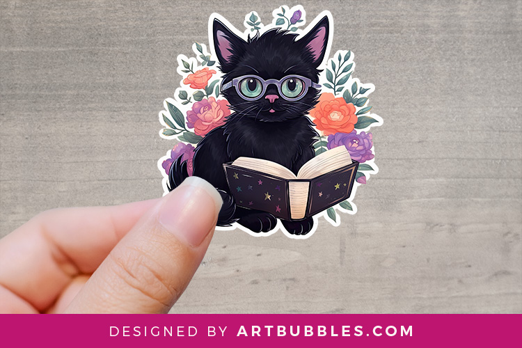 Cute Black Cat Reading Book Printable Stickers