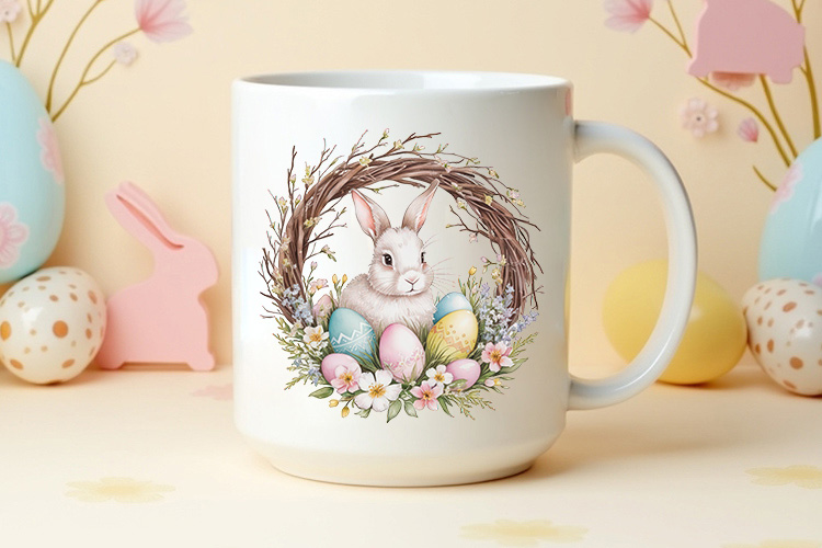 Vibrant Easter Bunny Wreath Sublimation Clipart Mug Mockup Image.jpg