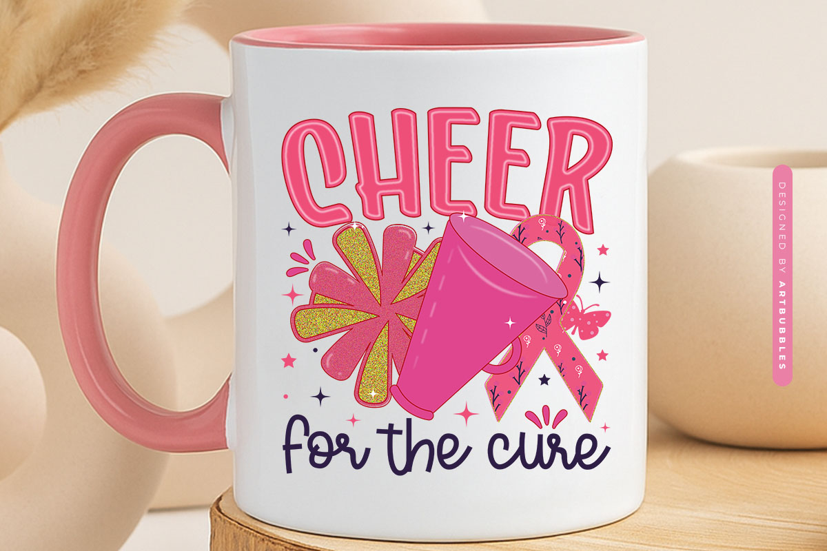 Cheer for the Cure - Breast Cancer Sublimation PNG Mug Mockup Image.jpg