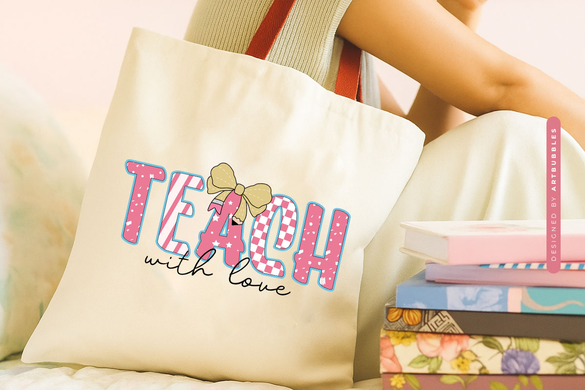 Teach with Love - Retro Teacher PNG Sublimation Tote bag mockup Image.jpg