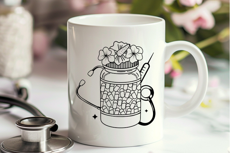 Elegant Floral Pill Jar with Stethoscope & Syringe Clipart Mug Mockup Image.jpg