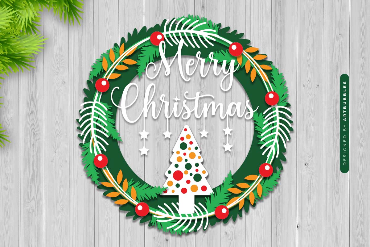 Merry Christmas Layered Wreath SVG Cut File