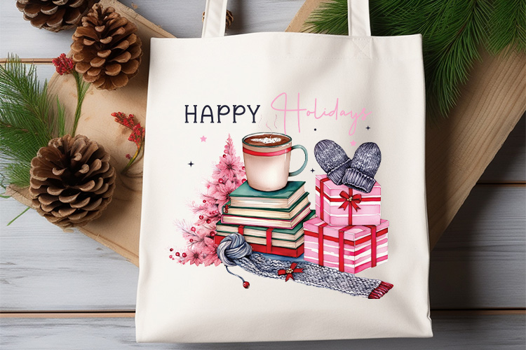 Happy Holidays - Pink Christmas Sublimation Design Tote Bag Mockup Image.jpg