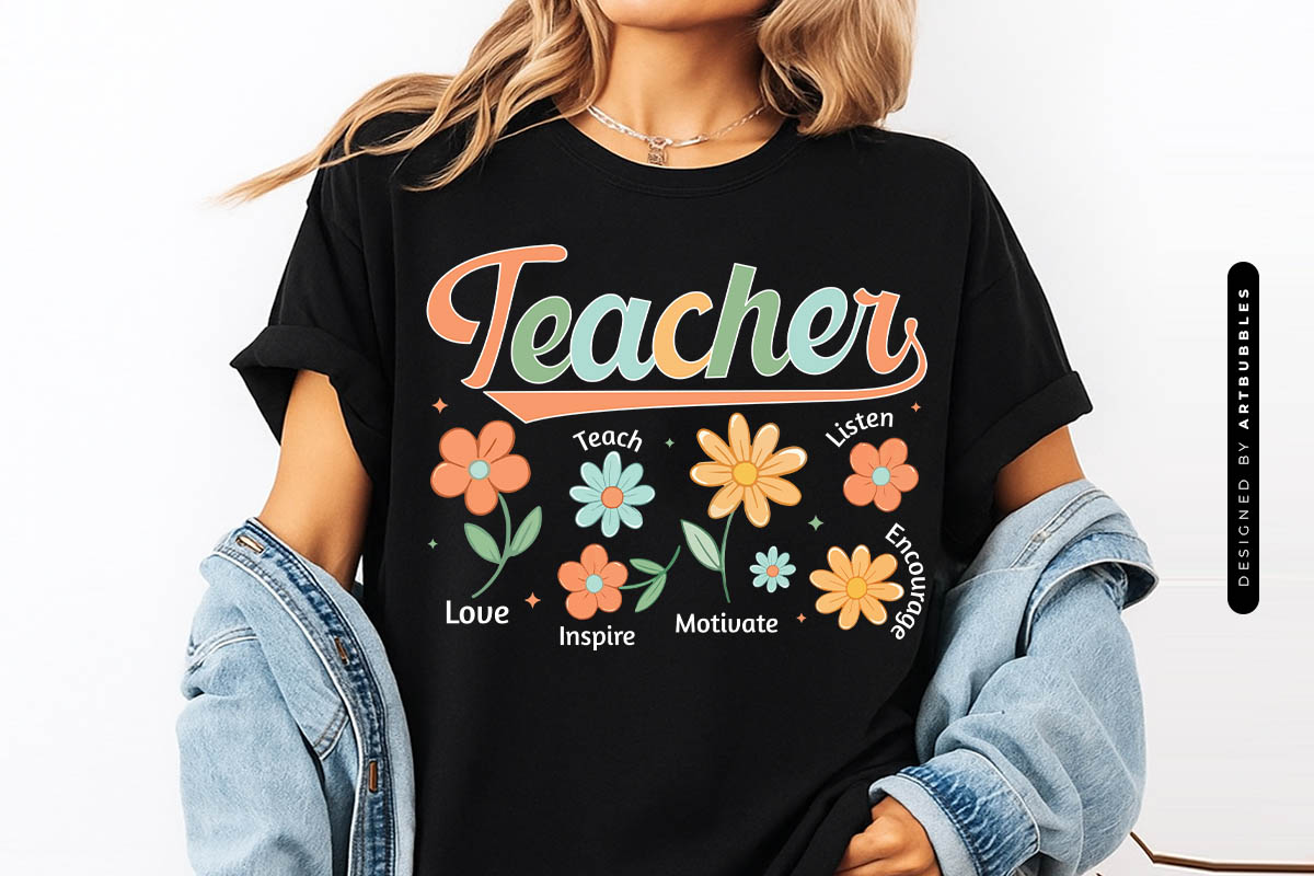 Retro Teacher Flower Sublimation Transfer T-shirt Mockup Image.jpg