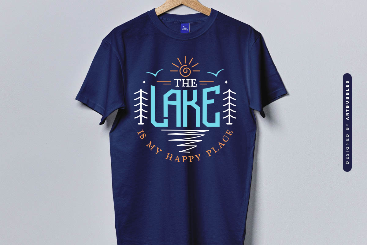 The Lake is My Happy Place SVG Cut File Blue Shirt Mockup Image.jpg