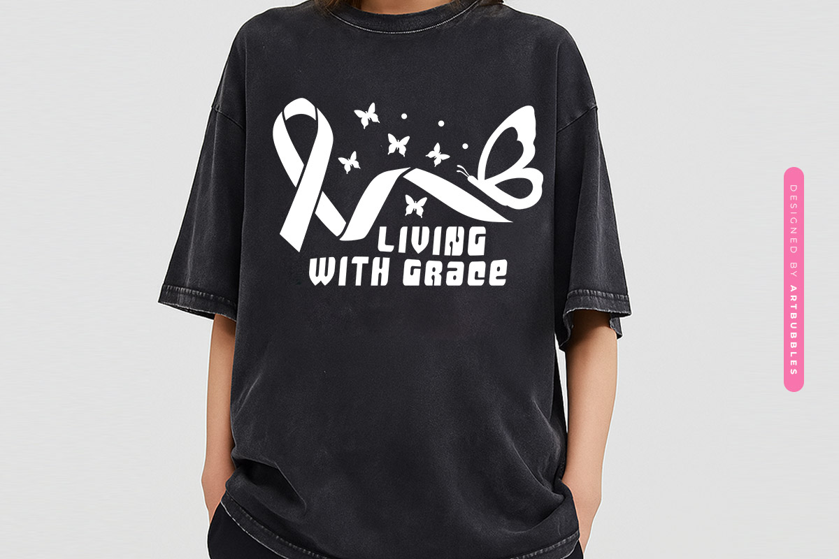 Living with Grace - Retro Breast Cancer SVG Design T-shirt Mockup Image.jpg