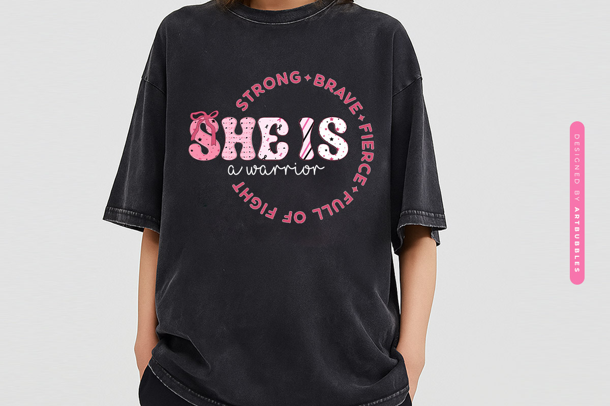 She is a Warrior - Breast Cancer Coquette Sublimation Tshirt Mockup Image.jpg