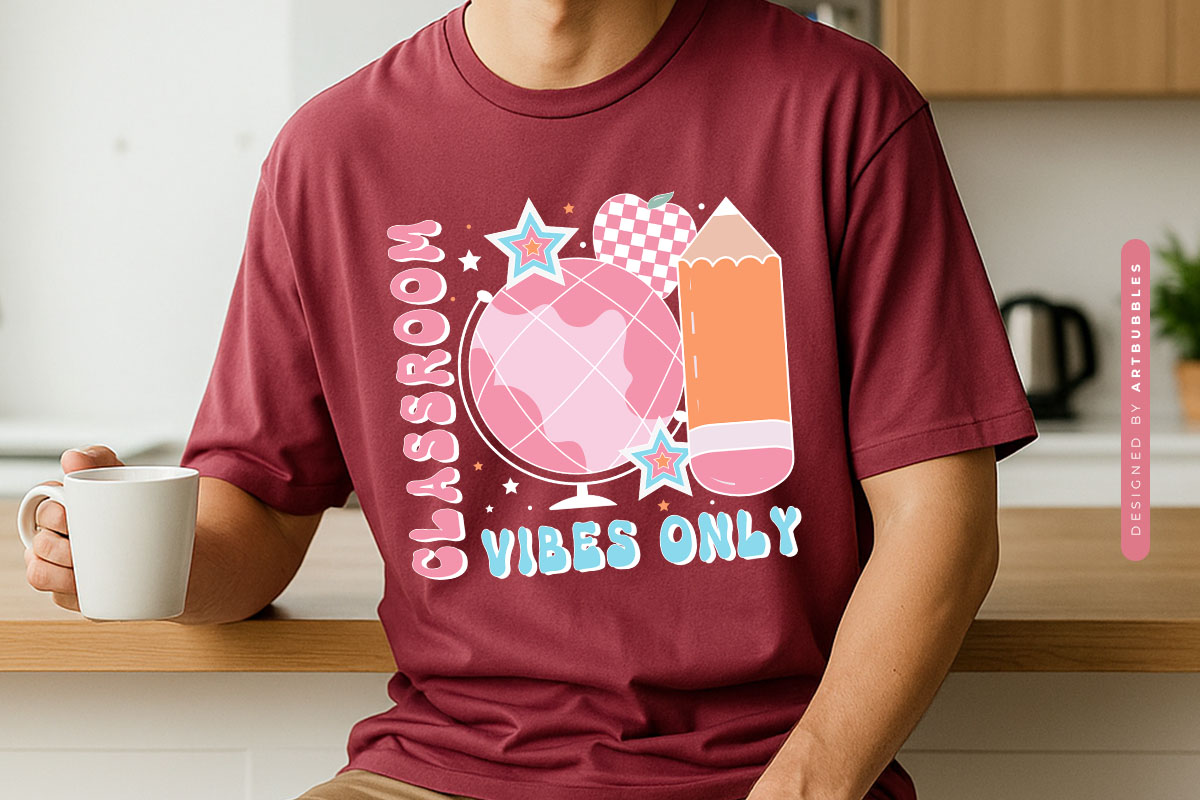 Classroom Vibes Only - Funny Retro Teacher Sublimation Tshirt Mockup Image.jpg