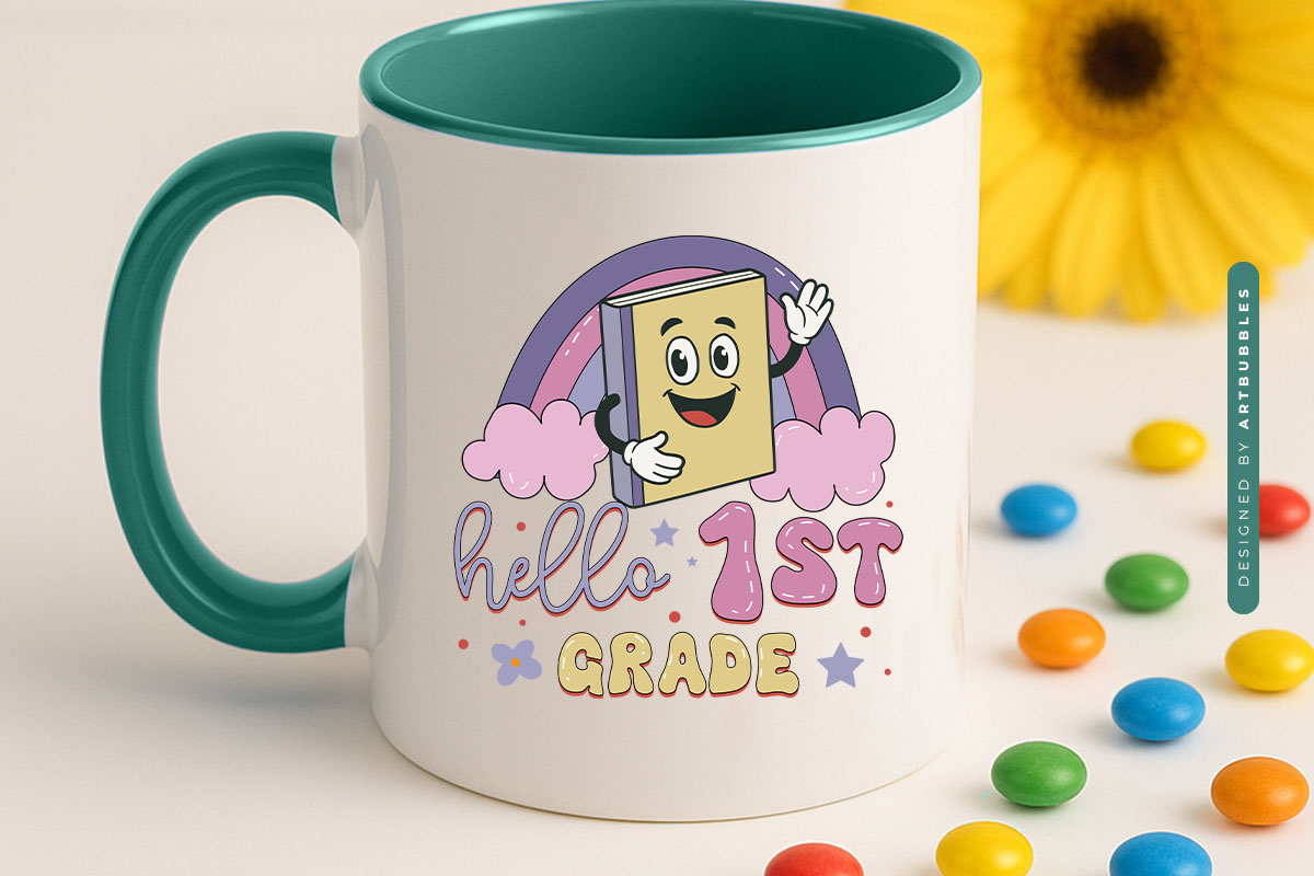 Hello 1st Grade - Retro Back to School PNG Sublimation Mug Mockup Image.jpg