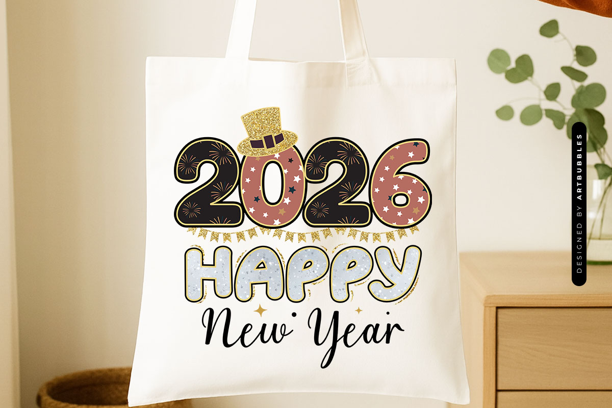 Retro 2026 Happy New Year PNG Sublimation Tote Bag Mockup Image.jpg