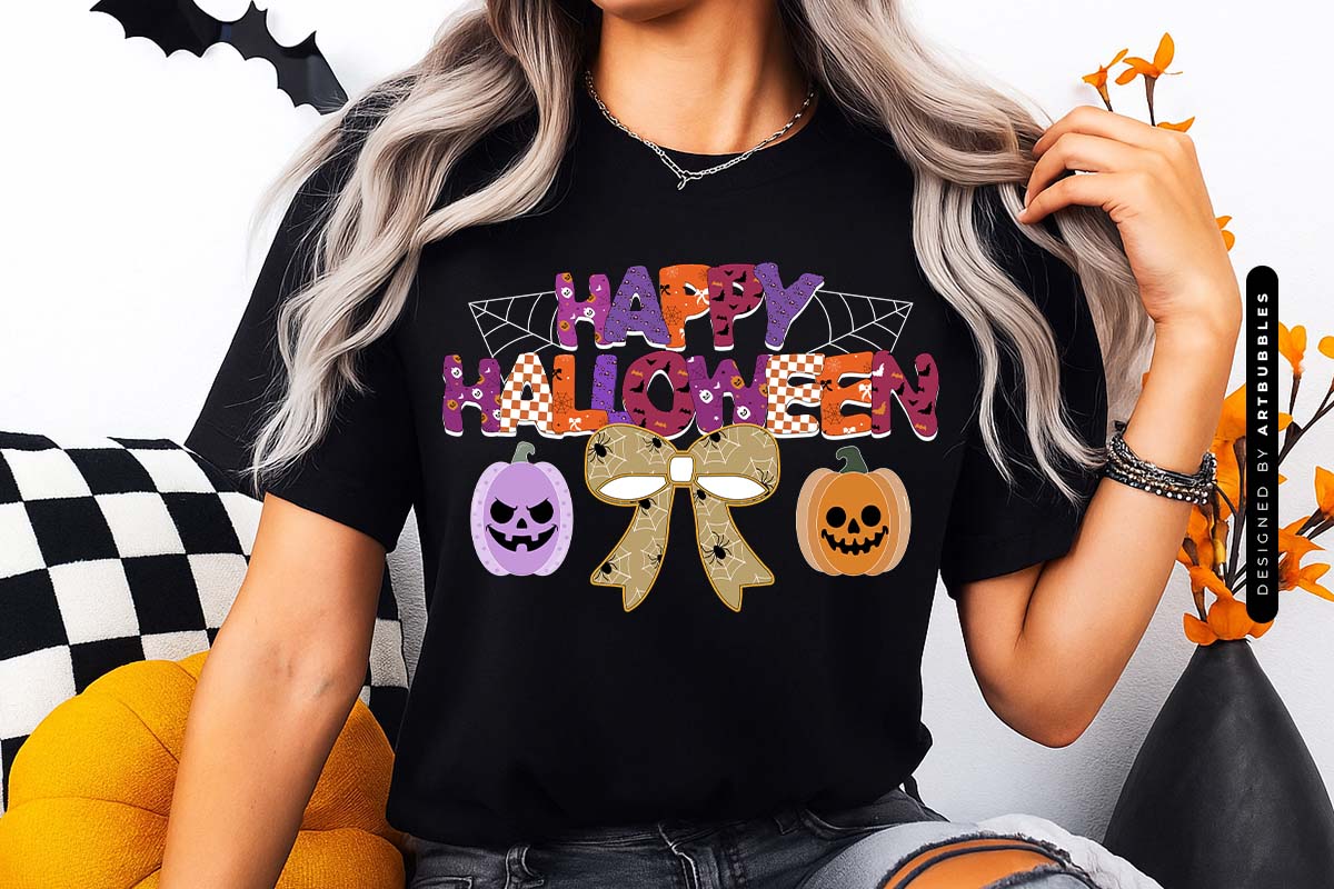 Happy Halloween Coquette Bow Sublimation T-shirt Mockup Image.jpg