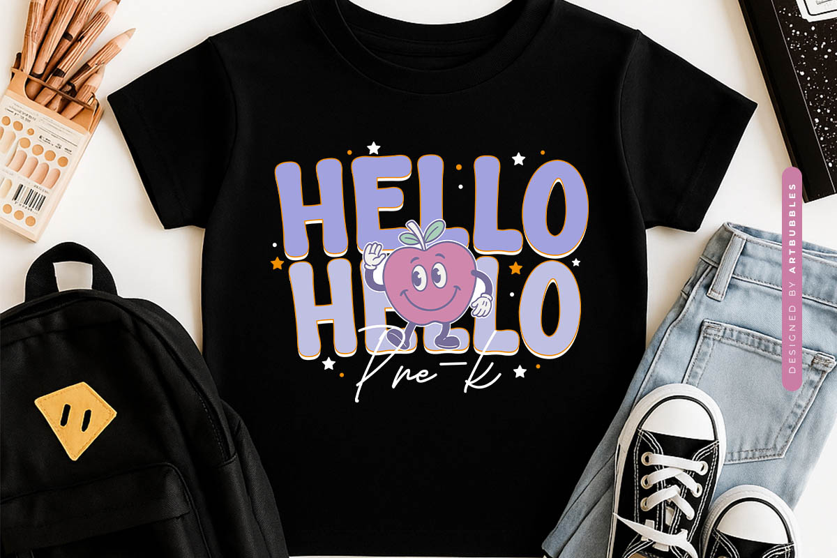 Hello Pre-k - Retro Back to School PNG Sublimation Tshirt Mockup Image.jpg