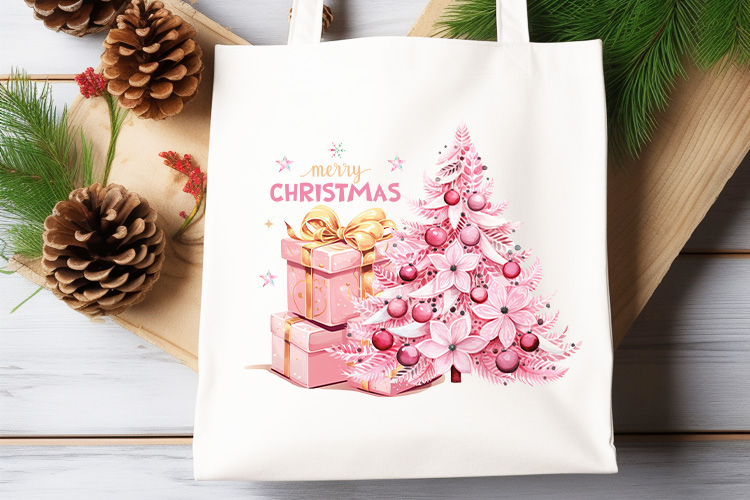 Pink Merry Christmas PNG Sublimation Design Tote Bag Mockup Image.jpg
