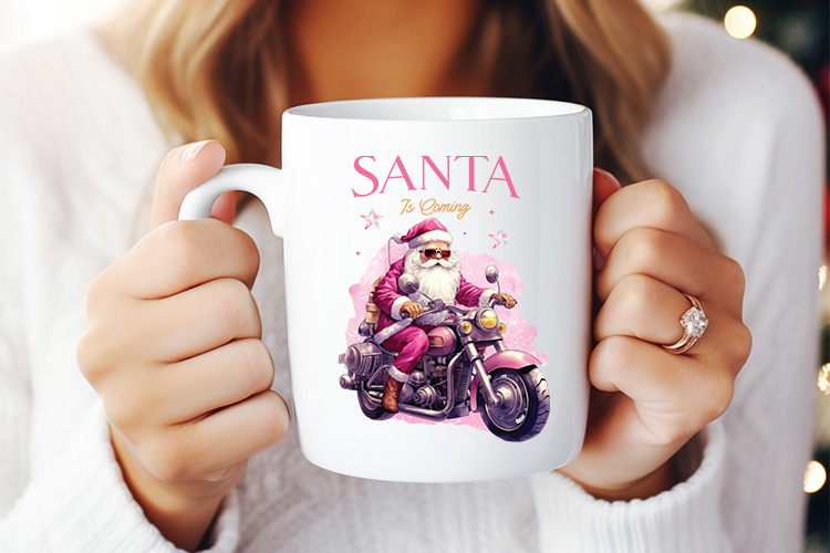 Santa is Coming - Pink Christmas Sublimation Design Mug Mockup Image.jpg
