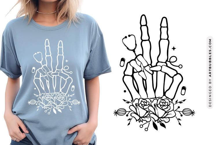 Floral Skeleton Hand with Medical Tools Clipart SVG File Image.jpg