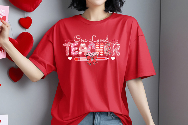 One Loved Teacher - PNG Coquette Valentine Sublimation Shirt Mockup Image.jpg