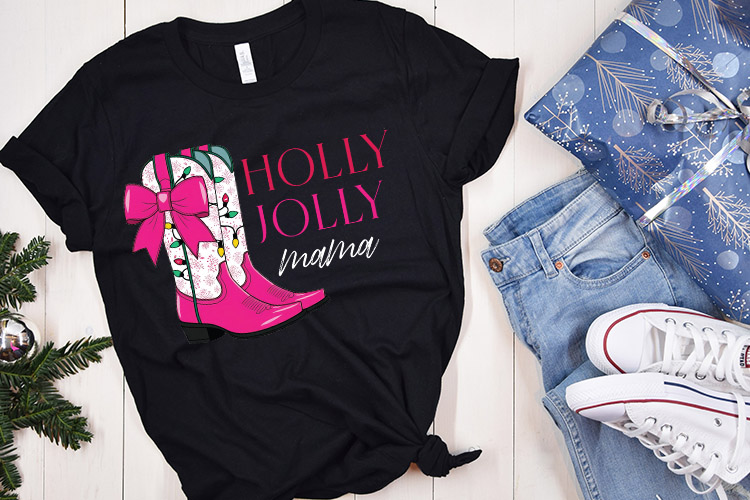 Holly Jolly Mama - Pink Christmas Sublimation PNG Shirt Mockup Image.jpg