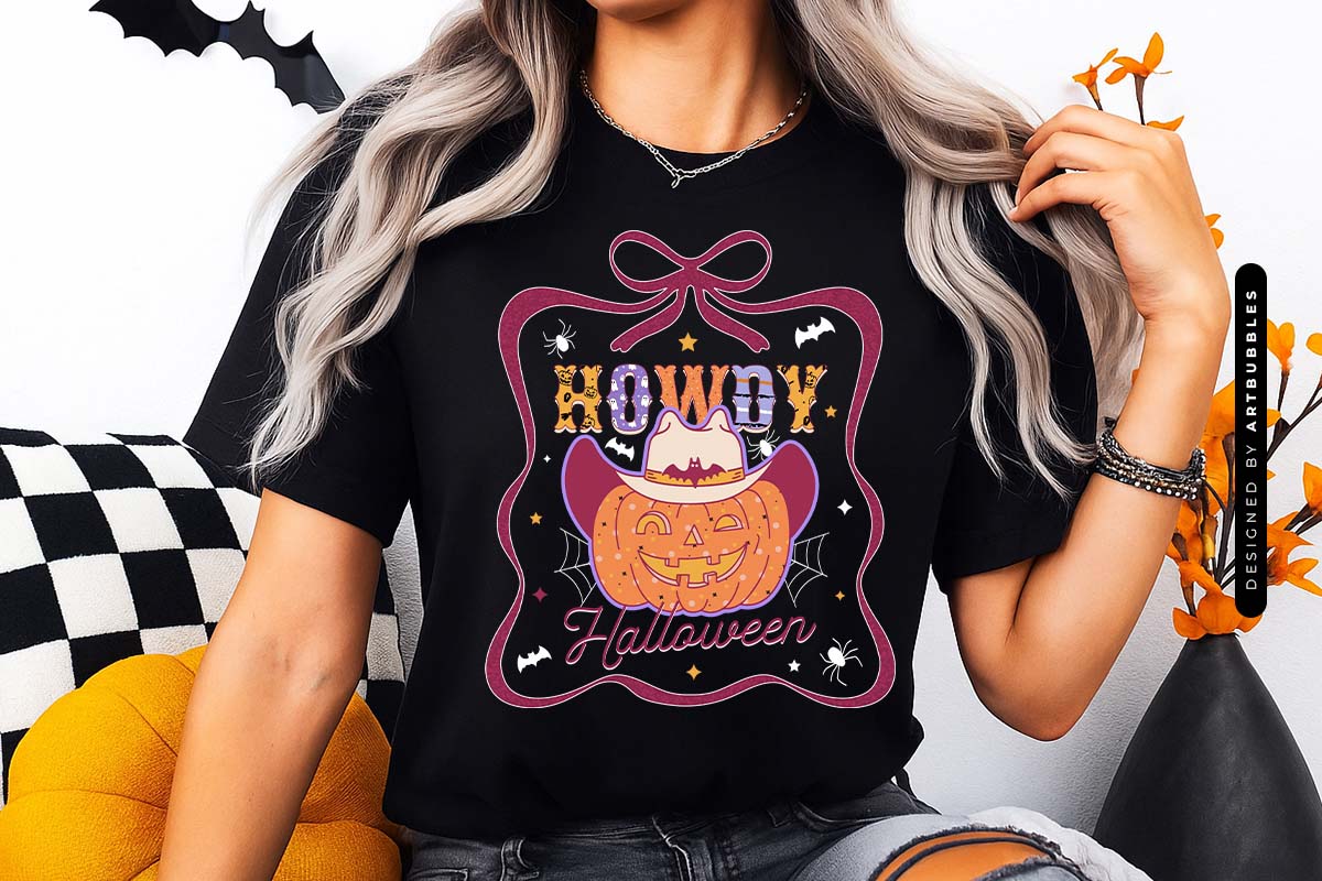 Howdy Halloween Coquette Bow Sublimation T-shirt Mockup Image.jpg