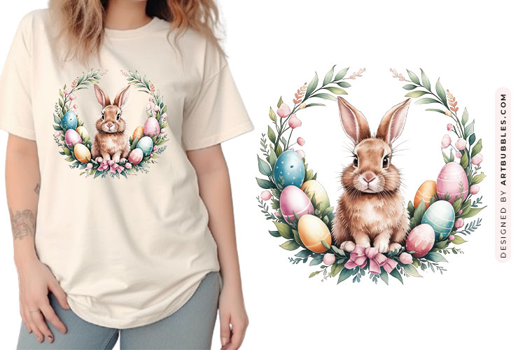 Elegant Easter Bunny Wreath Clipart Illustration